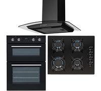 SIA 60cm Black Built In Double Oven, 4 Burner Gas Hob & Curved Glass Hood Fan