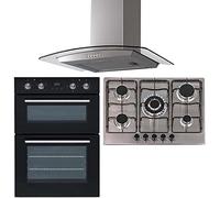 SIA 60cm Black Built In Double Oven, 70cm 5 Burner Gas Hob & Curved Cooker Hood