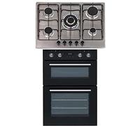 SIA 60cm Black Built In Double Oven And 70cm 5 Burner Stainless Steel Gas Hob