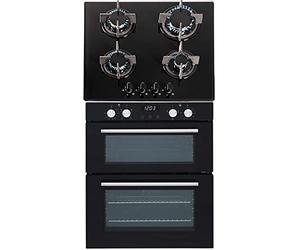 SIA 60cm Black Built Under Double Electric Fan Oven & SIA 4 Burner Gas Glass Hob