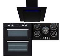 SIA 60cm Black Built Under Double Electric Oven, 70cm Gas Hob & Cooker Hood Fan