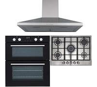 SIA 60cm Black Built Under Double Fan Oven, 70cm 5 Burner Gas Hob & Chimney Hood