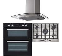 SIA 60cm Black Built Under Double Fan Oven, 70cm 5 Burner Gas Hob & Curved Hood