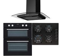 SIA 60cm Black Built Under Double Oven, 4 Burner Gas Hob & Curved Glass Hood Fan