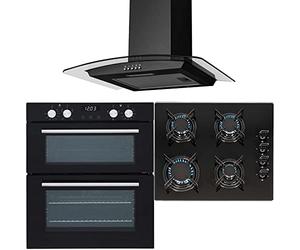 SIA 60cm Black Built Under Double Oven, 4 Burner Gas Hob & Curved Glass Hood Fan