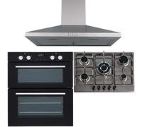 SIA 60cm Black Built Under Double Oven, 70cm 5 Burner Gas Hob And Chimney Hood