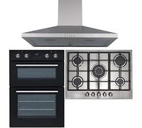 SIA 60cm Black Double Built In Oven, 70cm 5 Burner Gas Hob & Chimney Cooker Hood
