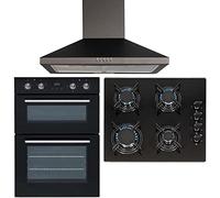 SIA 60cm Black Double Electric Fan Oven, 4 Burner Gas On Glass Hob & Cooker Hood