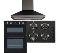 SIA 60cm Black Double Electric Oven, 4 Burner Gas On Glass Hob & Cooker Hood Fan