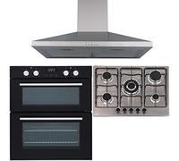 SIA 60cm Black Double True Fan Electric Oven, 70cm Gas Hob & Chimney Cooker Hood