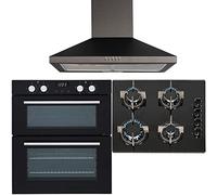 SIA 60cm Black Double True Fan Oven, 4 Burner Gas On Glass Hob & Cooker Hood Fan