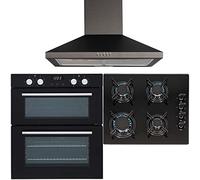 SIA 60cm Black Electric Double Fan Oven, 4 Burner Gas On Glass Hob & Cooker Hood