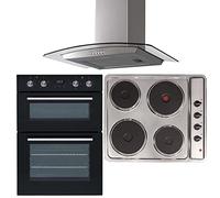 SIA 60cm Do102 Double Electric Built-in Oven, PHP601SS 4 Zone Hob & CGH60SS Stainless Steel Curved Glass Cooker Hood