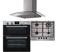 SIA 60cm DO111SS Stainless Steel Double Electric Fan Oven, SSG601SS 4 Burner Gas Hob With Cast Iron Pan Stands & CGH60SS Curved Glass Cooker Hood