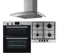 SIA 60cm DO111SS Stainless Steel Double Electric Fan Oven, SSG602SS 4 Burner Gas Hob With Enamel Pan Stands & CGH60SS Curved Glass Cooker Hood