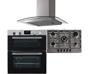 SIA 60cm DO111SS Stainless Steel Double Electric Oven, 70cm SSG601SS 5 Burner Gas Hob With Cast Iron Pan Stands & 70cm CGH70SS Curved Glass Extractor