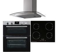 SIA 60cm DO111SS Stainless Steel Electric Double True Fan Oven, INDH60BL 4 Zone Touch Control Induction Hob & CGH60SS Curved Glass Cooker Hood Fan
