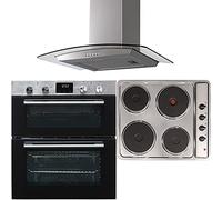 SIA 60cm DO111SS Stainless Steel Electric Double True Fan Oven, PHP601SS Solid Plate 4 Zone Electric Hob & CGH60SS Curved Glass Cooker Hood Fan