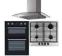 SIA 60cm Double Built-In Fan Oven, 4 Burner Stainless Steel Gas Hob & Curved Fan