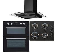 SIA 60cm Double Electric Fan Oven, 4 burner Gas Hob And Curved Glass Cooker Hood