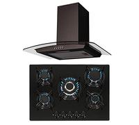 SIA 70cm 5 Burner Black Gas On Glass Hob & Curved Glass Chimney Cooker Hood Fan