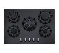 70cm 5 Burner Black Glass Gas Hob With Cast Iron Pan Stands And Wok Burner SIA Black One Size