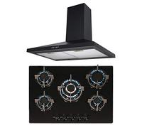 SIA 70cm Black 5 Burner Gas On Glass Hob & Chimney Kitchen Extractor Cooker Hood
