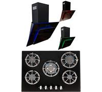 SIA 70cm Black 5 Burner Gas On Glass Hob & Multi Colour LED Angled Cooker Hood