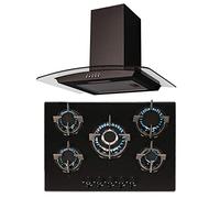 SIA 70cm Black Glass 5 Burner Gas Hob And Curved Glass Cooker Hood Extractor Fan