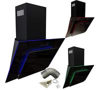 SIA AGE91BL 90cm Black Glass Angled Kitchen Cooker Hood Chimney Extractor Fan With Red Blue & Green LED Edge Lit Mood Lighting & 3m Ducting Kit