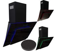 SIA AGE91BL 90cm Black Glass Angled Kitchen Cooker Hood Chimney Extractor Fan With Red Blue & Green LED Edge Lit Mood Lighting & Carbon Filter