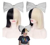 Sia Alive This Is Acting Short Straight Cosplay Wigs for Women Female Anime Party Half Black and Half Blond Synthetic Hair Wig and Bowknot