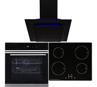 SIA BISO6SS 60cm Black Touch Control 10 Function Single Fan Oven, 4 Zone Induction Hob & Angled Glass Cooker Hood With 3 Colour LED Mood Lighting