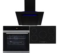 SIA BISO6SS 60cm Black Touch Control 10 Function Single Fan Oven, 75cm 5 Zone Induction Hob & Angled Glass Cooker Hood With 3 Colour LED Mood Lighting
