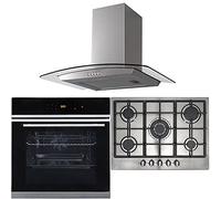SIA BISO6SS 60cm Black Touch Control 10 Function Single Fan Oven, R6 70cm 5 Burner Stainless Steel Gas Hob & Curved Cooker Hood Kitchen Extractor