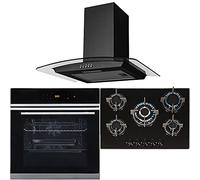SIA BISO6SS 60cm Touch Control 10 Function Single Electric oven, 70cm Black glass gas hob & Curved Glass Cooker Hood