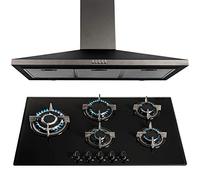 SIA Black 90cm 5 Burner Gas On Glass Hob And Chimney Cooker Hood Extractor Fan