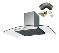 SIA CGH90SS 90cm Curved Glass Stainless Steel Chimney Cooker Hood and 3m Ducting