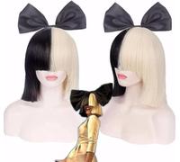 Sia Costume Wig 2 Tone Half Blonde Black Bob Wig with Black Bow Premium Quality Synthetic Hair Cosplay
