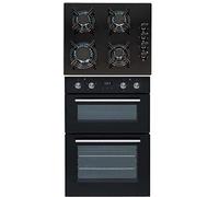 SIA DO102 60cm Black Built In Double Electric Fan Oven With Digital Timer & GHG612BL 60cm Black 4 Burner Gas On Glass Hob With Enamel Pan Stands & FFD