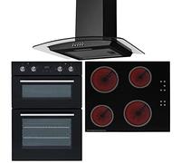 SIA DO102 60cm Black Built In Double Electric True Fan Oven & CERH60BL 4 Zone Touch Control Electric Ceramic Hob & CGH60BL Curved Glass Cooker Hood