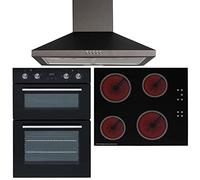 SIA DO102 60cm Black Built In Double Electric True Fan Oven & CERH60BL 4 Zone Touch Control Electric Ceramic Hob & CHL60BL Chimney Cooker Hood