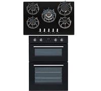 SIA DO102 60cm Black Built In Double Electric True Fan Oven With Digital Timer & SIA R8 70cm Black 5 Burner Gas On Glass Hob With Cast Iron Pan Stands