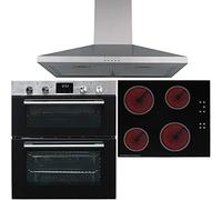 SIA DO111SS 60cm Stainless Steel Built-Under Double Fan Oven, CERH60BL 4 Zone Touch Control Ceramic Hob In Black & CHL60SS Chimney Cooker Hood Extractor