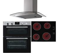 SIA DO111SS 60cm Stainless Steel Built-Under Double Fan Oven, CERH60BL 4 Zone Touch Control Ceramic Hob & CGH60SS Curved Glass Cooker Hood Fan