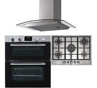 SIA DO111SS 60cm Stainless Steel Built Under Double Fan Oven, SIA R6 70cm 5 Burner Gas Hob and Cast Iron Pan Stands & CGH60SS Curved Glass Cooker Hood