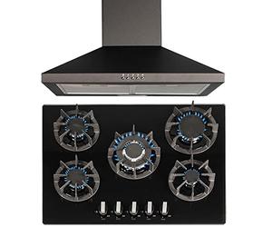 SIA R8 70cm Black 5 Burner Gas On Glass Hob With Cast Iron Pan Stands & SIA CHL70BL 70cm Chimney Cooker Hood Kitchen Extractor Fan in Black