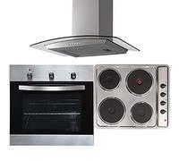 SIA SO113SS 60cm Stainless Steel Built-in/Under Single Electric Fan Oven, PHP601BL 60cm 4 Zone Solid Plate Side Control Hob & Curved Glass Cooker Hood