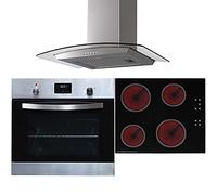 SIA SO114SS 60cm Stainless Steel Digital Electric Single Fan Oven, CERH60BL 4 Zone Ceramic Hob With Child Lock & CGH60SS Curved Glass Cooker Hood