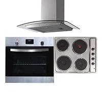 SIA SO114SS 60cm Stainless Steel Digital Electric Single Fan Oven, PHP601SS 4 Zone Solid Plate Hob & CGH60SS Curved Glass Cooker Hood